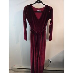 DESIR COUTURE Red Velvet Gown Maxi Dress Sash XS Low‎ V Neck